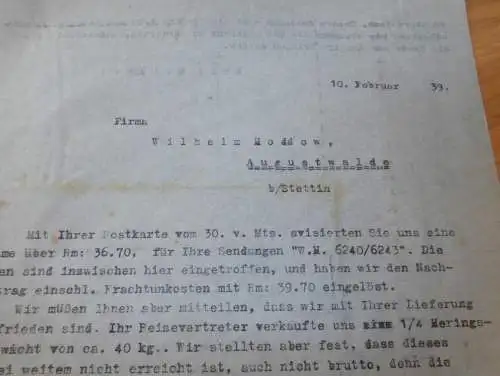 Wilhelm Hoddow in Augustwalde b. Stettin , 1939 , Wielgowo , Kr. Naugard , altes Dokument !