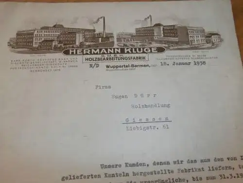 Holzfabrik - Hermann Kluge in Wuppertal-Barmen , 1938 , Reklame , alte Rechnung , altes Dokument !