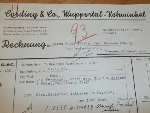 Cording & Co in Wuppertal - Vohwinkel , 1939 , Reklame , alte Rechnung , altes Dokument !