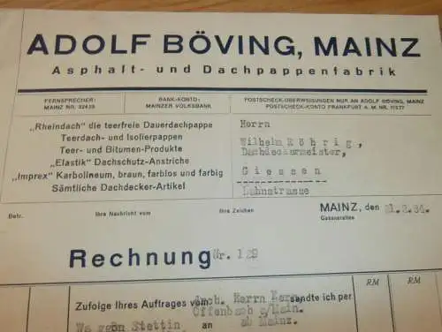 Asphalt- und Dachpappenfabrik - Adolf Böving in Mainz , 1934 , Reklame , alte Rechnung , altes Dokument !