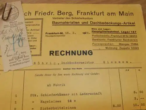 Dachdecker / Schieferkontor - Heinrich Friedrich Berg in Frankfurt a. Main , 1934 , Reklame , altes Dokument !