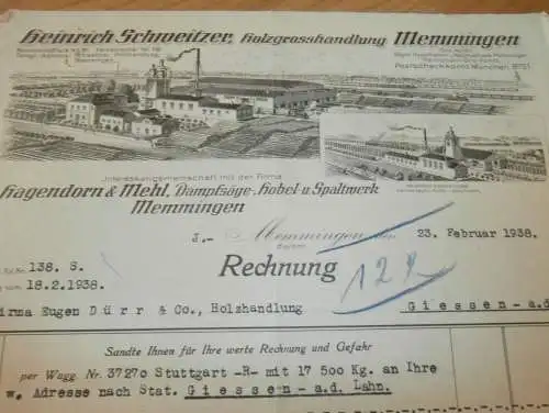 Dampfsägewerk - Hagendorn & Mehl in Memmingen , 1938 , Heinrich Schweitzer , alte Rechnung , altes Dokument !!!
