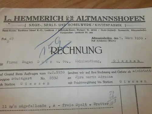 Hobelwerk und Kistenfabrik - L. Hemmerich in Altmannshofen , 1938 , Aichstetten , alte Rechnung , altes Dokument !!!