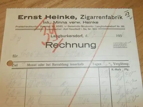 Zigarren-Fabrik - Ernst Heinke in Langburkersdorf , 1936 , Hohwald , Neustadt , alte Rechnung , altes Dokument !!!