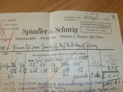 Seidenwaren - Spindler & Schurig , 1936 , alte Rechnung , altes Dokument !!!