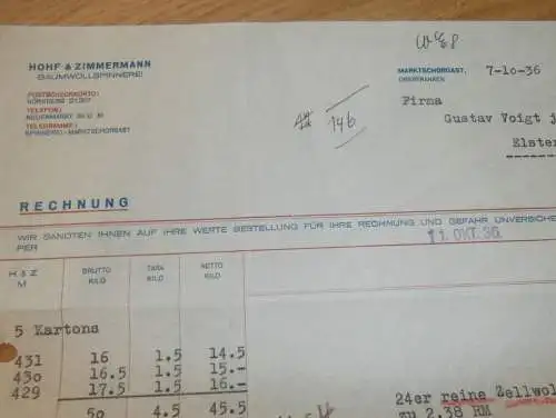 Baumwollspinnerei - Hohf & Zimmermann in Marktschorgast , 1936 , alte Rechnung , altes Dokument !!!