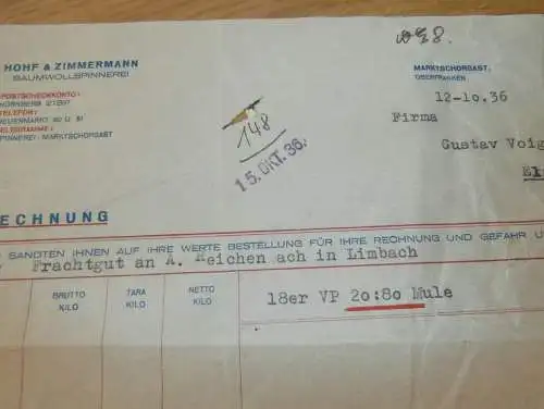 Baumwollspinnerei - Hohf & Zimmermann in Marktschorgast , 1936 , alte Rechnung , altes Dokument !!!