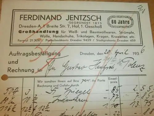 Großhandlung - Ferdinand Jentzsch in Dresden , 1936 , alte Rechnung , altes Dokument !!!