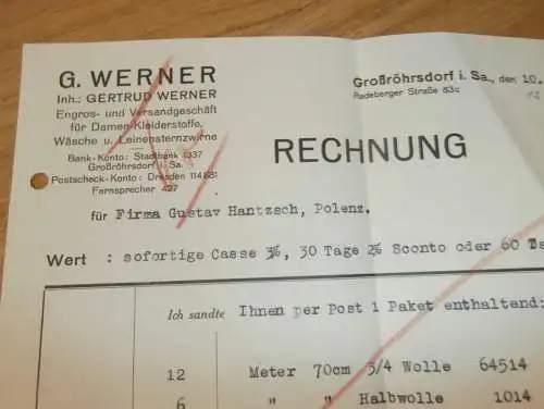 Damenstoffe - Gertrud Werner in Großröhrsdorf i.Sa. , 1936 , alte Rechnung , altes Dokument !!!