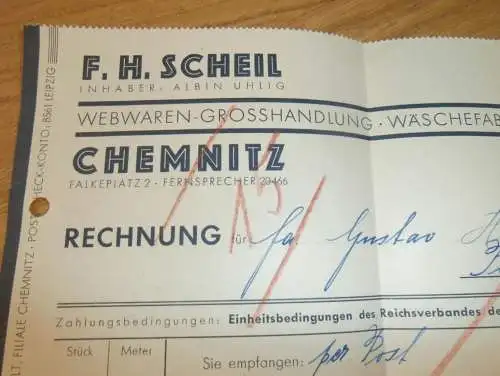 Webwaren und Wäschefabrik in Zschopau , F.H. Scheil , Albin Uhlig , 1936 , Chemnitz , alte Rechnung , altes Dokument !!!