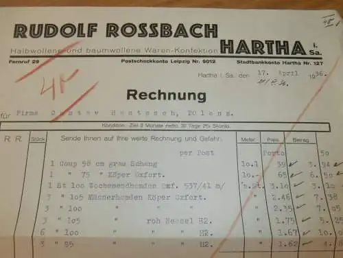 Baumwolle - Konfektion - Rudolf Rossbach in Hartha i.Sa. , 1936 , alte Rechnung , altes Dokument !!!