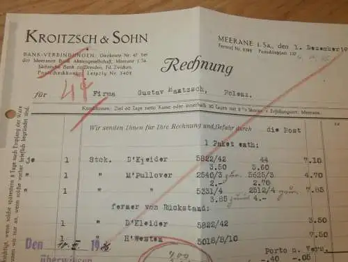 Kroitzsch & Sohn in Meerane i.Sa. , 1936 , alte Rechnung , altes Dokument !!!
