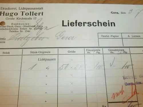 Druckerei - Hugo Tollert in Gera , 1939 , alte Rechnung , altes Dokument !!!