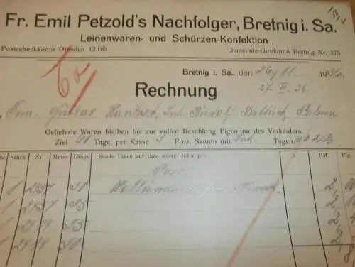 Leinenwaren und Schürzen-Konfektion - Emil Petzold in Bretnig i.Sa. , 1936 , alte Rechnung , altes Dokument !!!