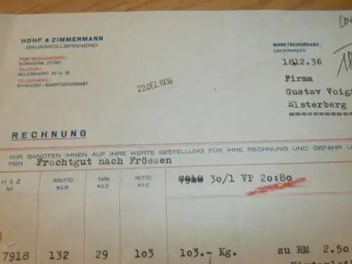 Baumwollspinnerei - Hohf & Zimmermann in Marktschorgast , 1936 , alte Rechnung , altes Dokument !!!