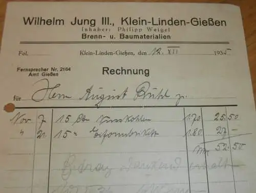 Brenn- und Baumaterial - Wilhelm Jung III. in Kleinlinden - Gießen , 1935 , Giessen , altes Dokument !!!