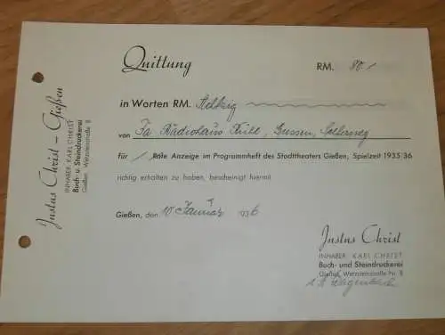 Buch- und Steindruckerei Justus Christ  in Gießen , 1936 , Giessen , altes Dokument !!!