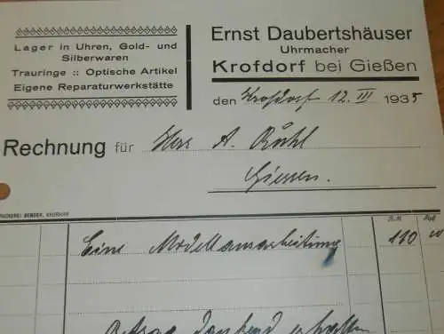 Uhrmacher - Ernst Daubertshäuser in Krofdorf bei Gießen , 1935 , Wettenberg , Gleiberg , Giessen , altes Dokument !!!