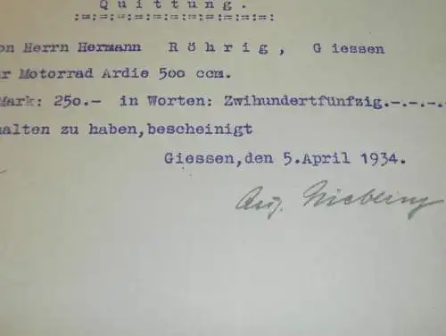 Beleg für Motorrad Ardie 500 ccm - Aug. Niebling in Gießen , 1934 , Giessen , altes Dokument !!!