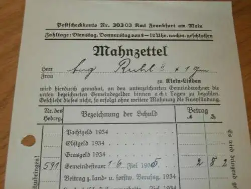 Gemeinde-Rechner in Kleinlinden in Gießen , 1936 , Giessen , altes Dokument !!!