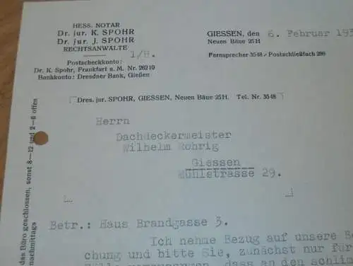 Rechtsanwalt -  Dr. jur. Spohr in Gießen , 1936 , Giessen , altes Dokument !!!