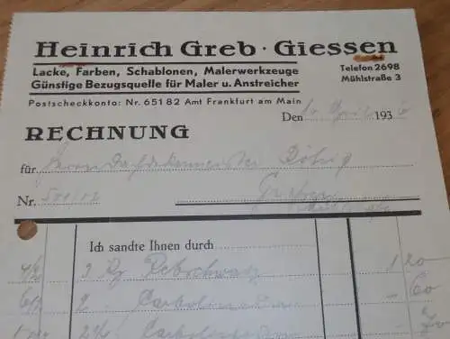 Lacke und Farben - Heinrich Greb in Gießen , 1936 , Giessen , altes Dokument !!!