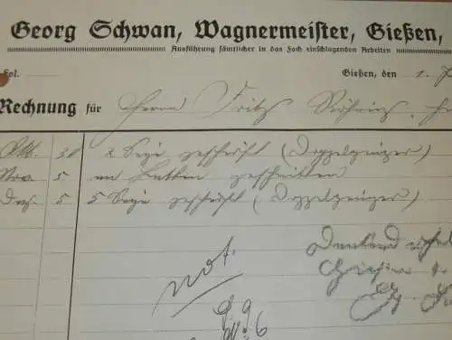 Wagnermeister - Georg Schwan in Gießen , 1936 , Giessen , altes Dokument !!!