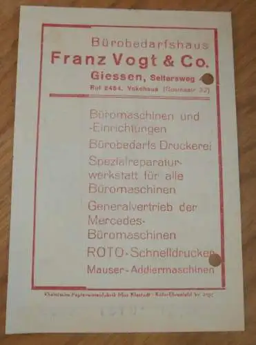 Bürobedarfshaus - Franz Vogt & Co. in Gießen , 1936 , Giessen , altes Dokument !!!