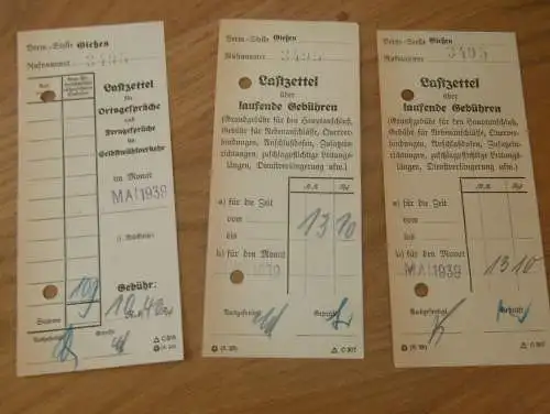 Telefonzentrale - 3x Belege für Gespräche in Gießen , 1939 , Giessen , altes Dokument !!!