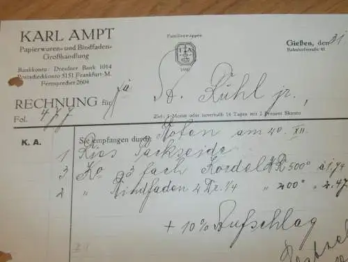 Papierwaren - Karl Ampt in Gießen , 1935 , Giessen , altes Dokument !!!