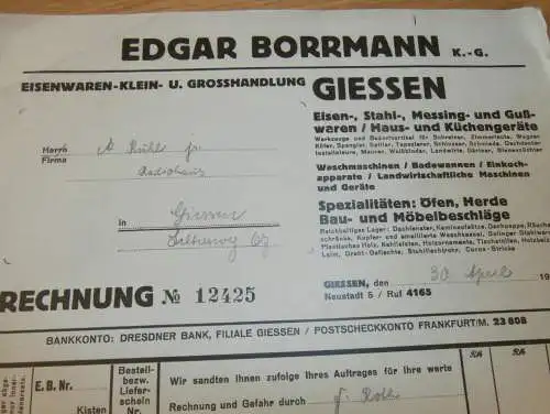 Eisenwaren Grosshandlung - Edgar Borrmann in Gießen , 1936 , Giessen , altes Dokument !!!