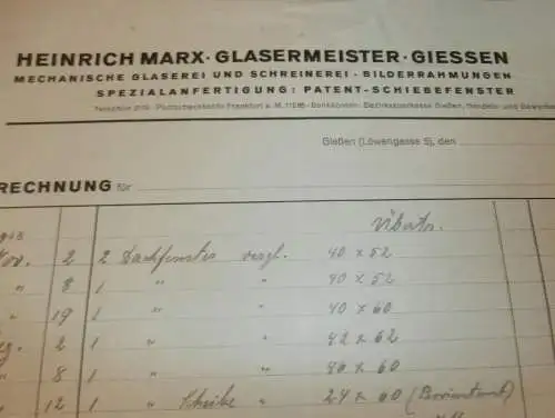 Glaser - Heinrich Marx in Gießen , 1939 , Giessen , altes Dokument !!!