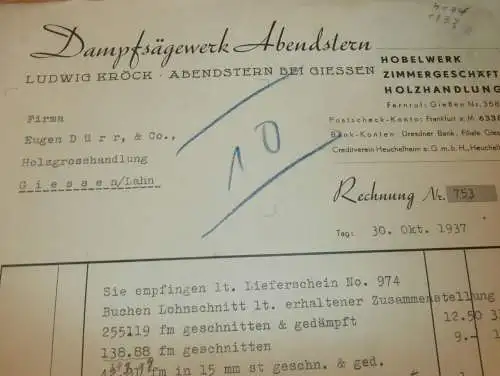 Dampfsägewerk Abendstern in Gießen , 1937 , Giessen , altes Dokument !!!