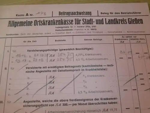 Betriebsführer - Ortskrankenkasse in Gießen , 1939 , Giessen , altes Dokument !!!
