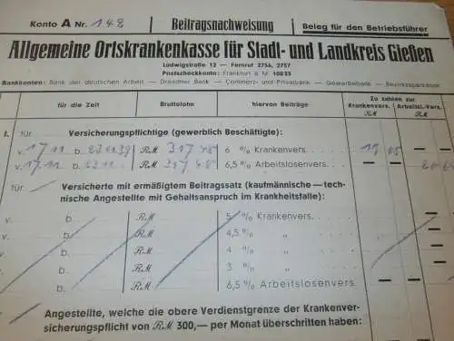 Ortskrankenkasse in Gießen , 1939 , Giessen , altes Dokument !!!