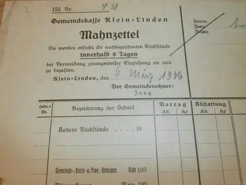 Gemeidekasse Kleinlinden in Gießen , 1936 , Giessen , altes Dokument !!!