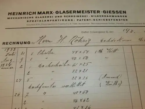 Glasermeister - Heinrich Marx in Gießen , 1934 , Giessen , altes Dokument !!!