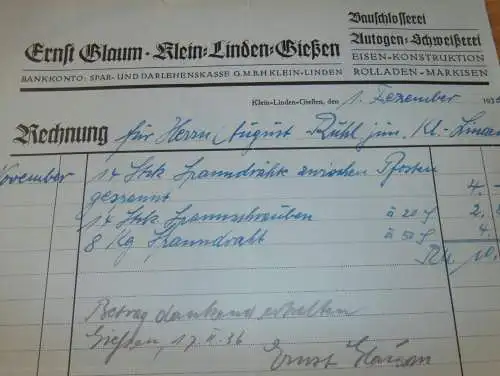 Bauschlosserei - Ernst Glaum in Gießen , 1935 , Giessen , altes Dokument !!!