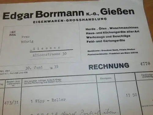 Eisenwaren - Edgar Borrmann in Gießen , 1939 , Giessen , altes Dokument !!!