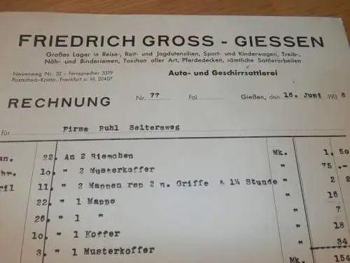 Auto- und Geschirrsattlerei - Friedrich Gross in Gießen , 1938 , Giessen , altes Dokument !!!