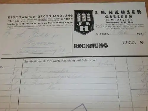 Herde und Öfen - J.B. Häuser in Gießen , 1938 , Giessen , altes Dokument !!!