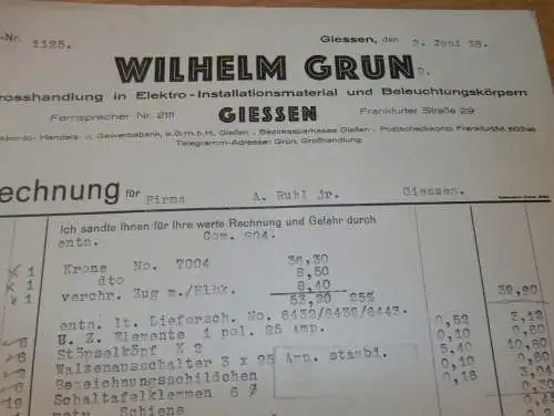 Elektroinstallation - Wilhelm Grün in Gießen , 1938 , Giessen , altes Dokument !!!