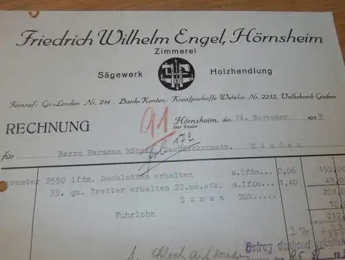 Zimmerei - Wilhelm Engel in Hörnsheim b. Gießen , 1939 , Hüttenberg , Holzbau , Sägewerk , altes Dokument !!!