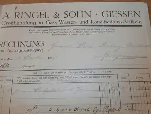 Gas-, Wasser- und Kanalisation - A. Ringel & Sohn in Gießen , 1934 , Reklame , Giessen , altes Dokument !