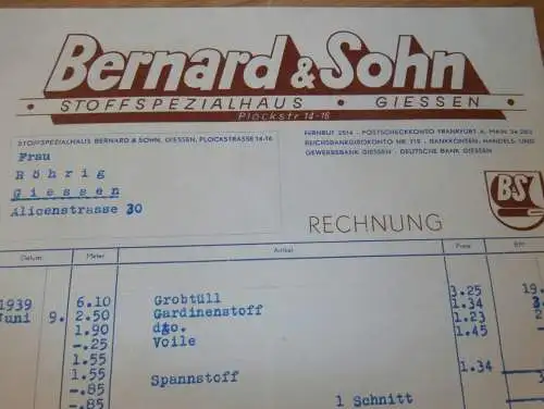 Stoffspezialhaus - Bernard & Sohn in Gießen , 1939 , Reklame , Giessen , altes Dokument !