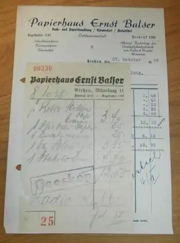 Papierhaus - Ernst Balser in Gießen , 1938 , Reklame , Giessen , altes Dokument !