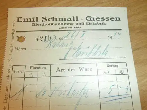 Bier-Großhandlung Emil Schmall in Gießen , 1934 , Reklame , Giessen , altes Dokument !