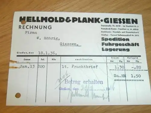Hellmold & Plank in Gießen , 1936 , Reklame , Giessen , altes Dokument !