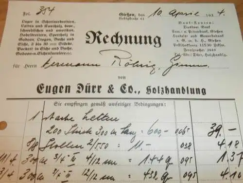 Holzhandel Eugen Dürr in Gießen , 1934 , Reklame , Giessen , altes Dokument !