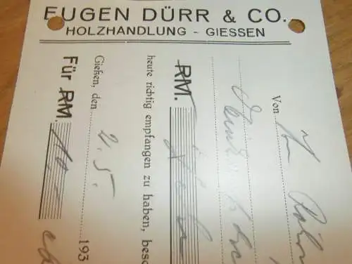 Holzhandel Eugen Dürr in Gießen , 1939 , Reklame , Giessen , altes Dokument !